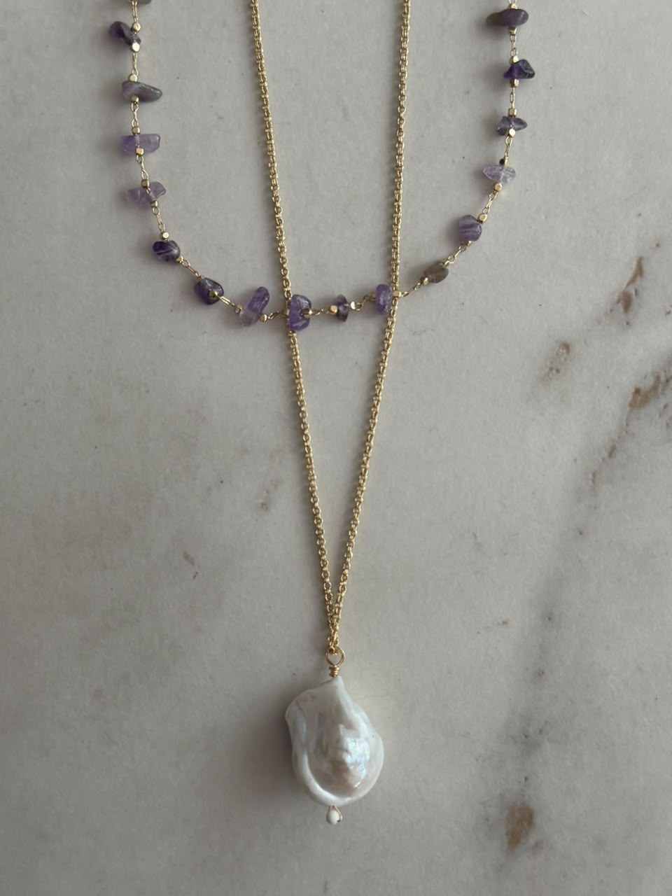 Collar doble cuarzos con perla barroca
